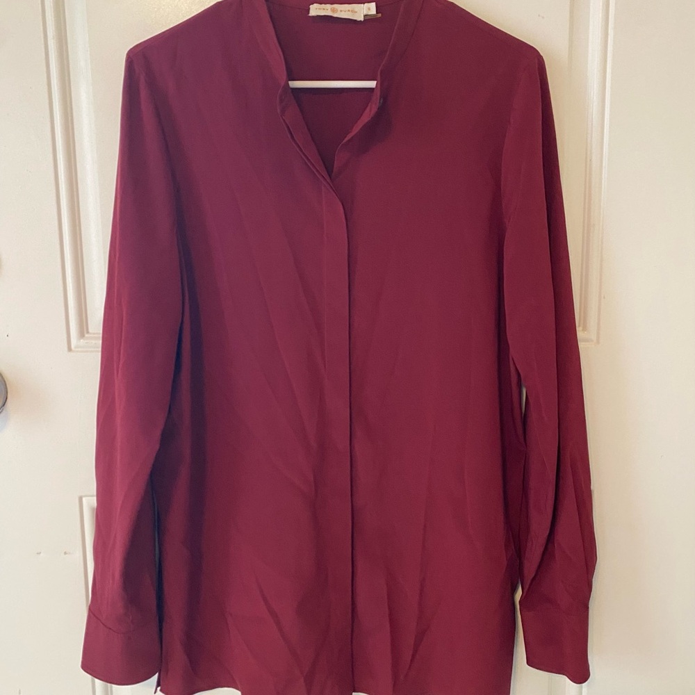 Tory Burch Red Button Down Shirt with Mandarin Collar